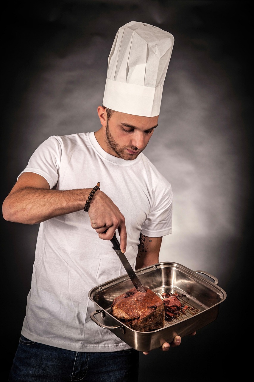 About man, cook, cooking, cut, food, meat, pan, preparation, gourmet, chef, chef hat, kitchen, portrait, cook, cooking, chef, chef, chef, chef, chef